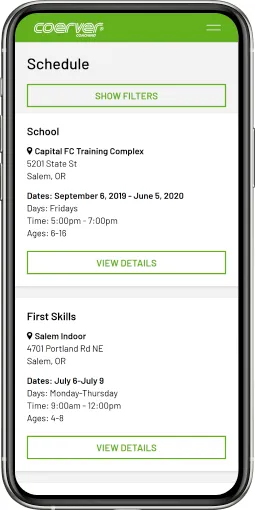 Mobile phone showing PlayerPathway app with content management, analytics, and payment features